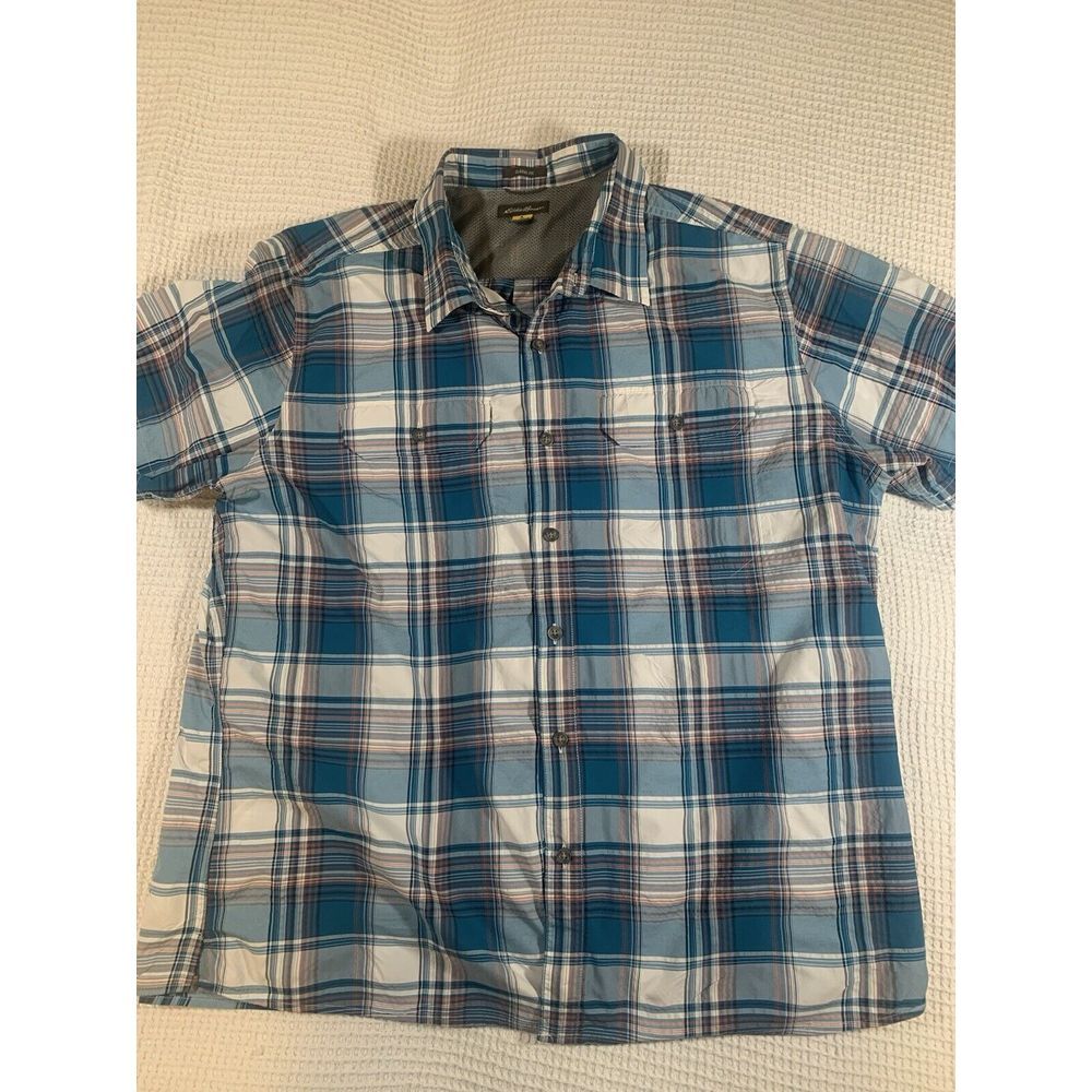 Eddie Bauer Shirt Mens 2XL Fishing Aqua Plaid Nylon Blend Button Up Flap Pockets